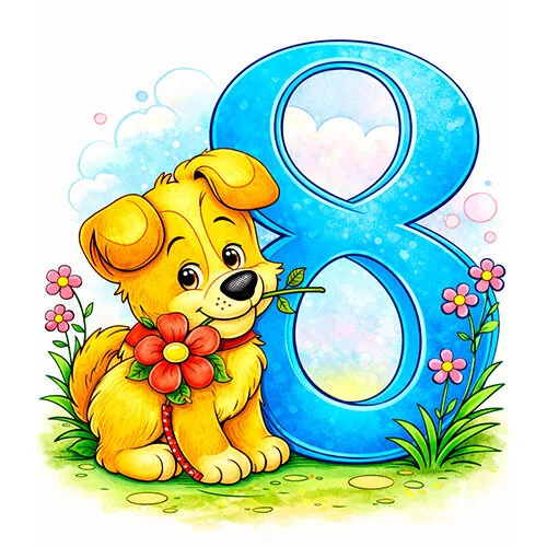 Цветной пример раскраски песик поздравляет с 8 марта