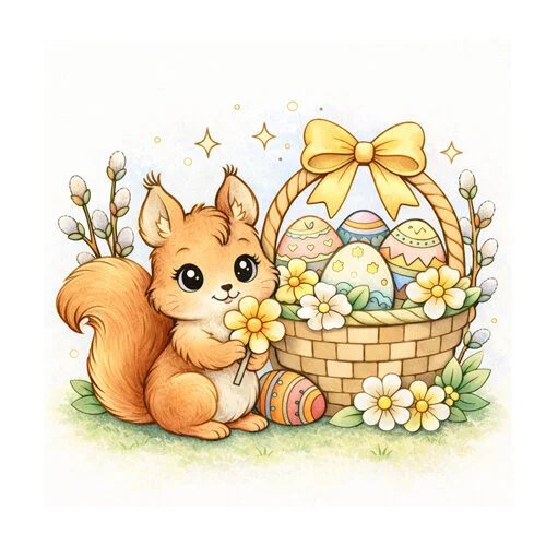 Цветной вариант раскраски белочка на пасху