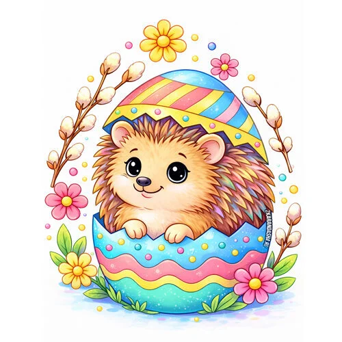 Цветной вариант раскраски пасхальное яичко и ежик