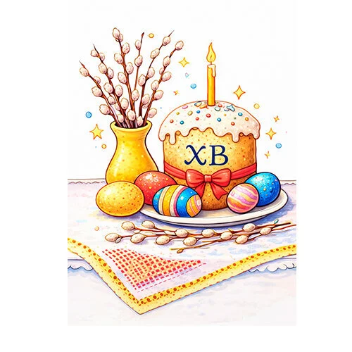 Цветной вариант раскраски пасхальный стол, кулич, верба