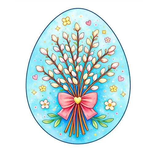 Цветной пример раскраски верба на яичке на пасху