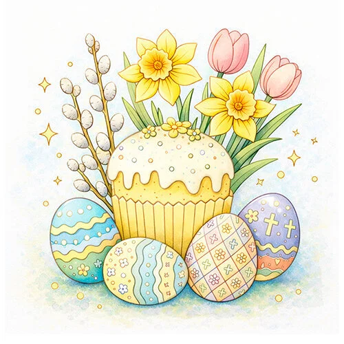 Цветной пример раскраски пасхальный набор. яйца, кулич, верба и цветы