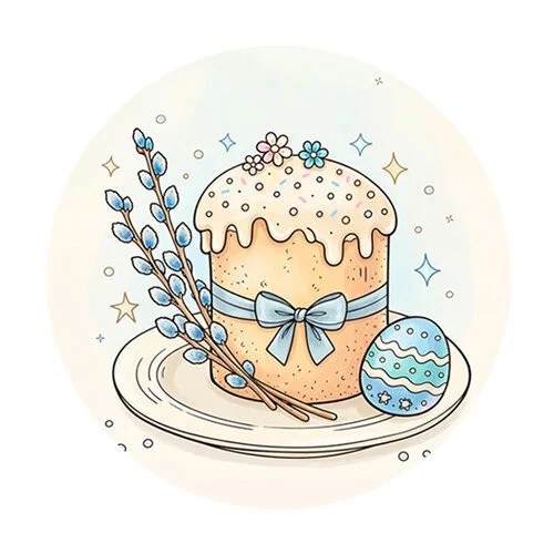 Цветной пример раскраски кулич на пасху с вербой и яичком