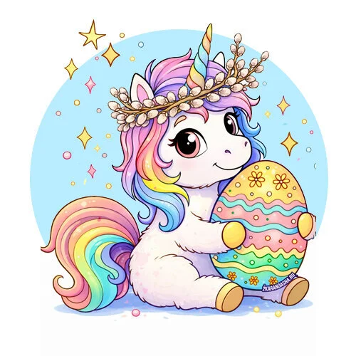 Цветной пример раскраски пасха и единорог