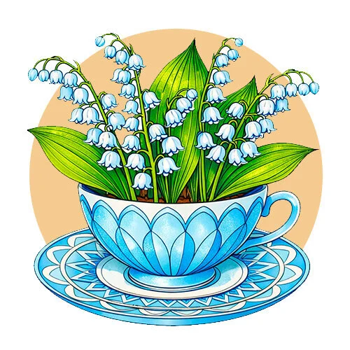 Цветной пример раскраски ландыши в чашке