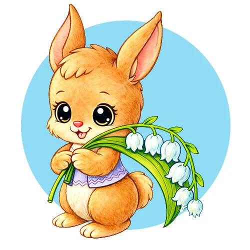 Цветной вариант раскраски зайчик держит ландыши