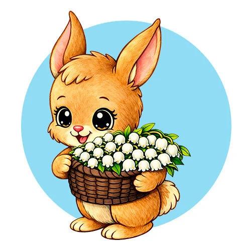 Цветной вариант раскраски зайчик и корзинка ландыши