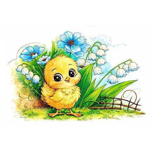 Цветной пример раскраски цыпленок и ландыши