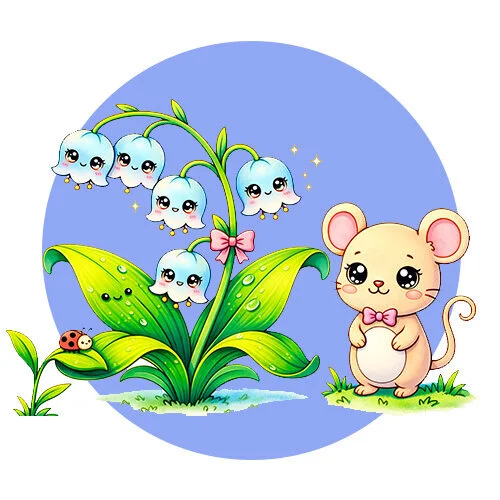 Цветной пример раскраски мышка и ландыши каваи