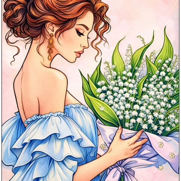 Цветной вариант раскраски девушка с ландышами