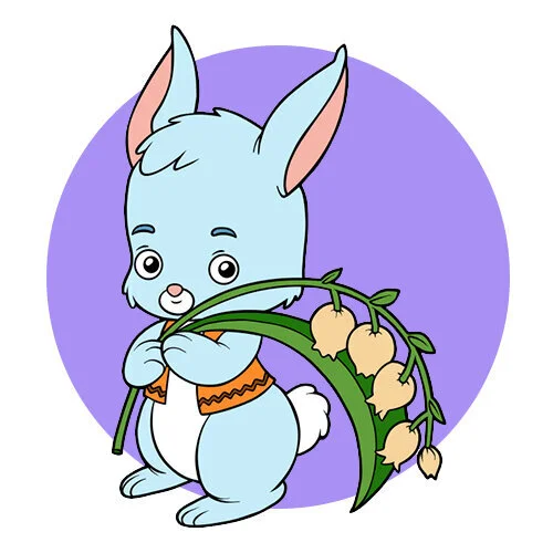 Цветной пример раскраски мальчик зайчик с ландышами