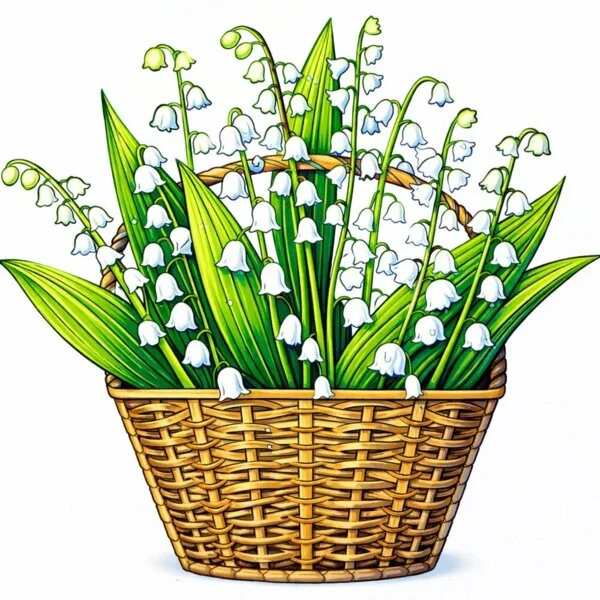 Цветной пример раскраски ландыши в большой корзине