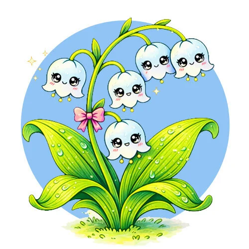 Цветной вариант раскраски ландыши каваи мелкие