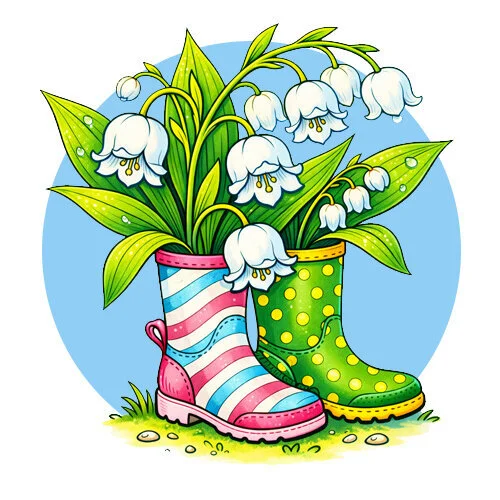 Цветной вариант раскраски ландыши в сапогах