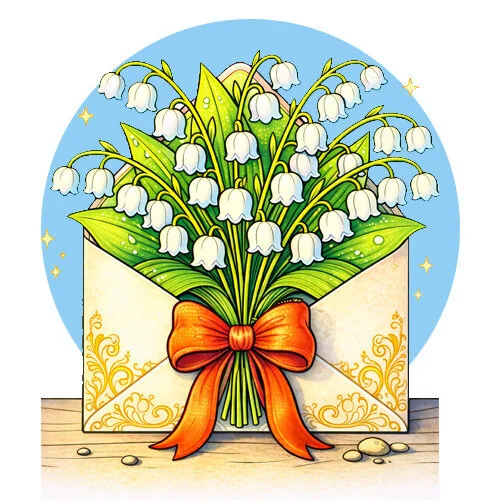 Цветной пример раскраски ландыши в конверте