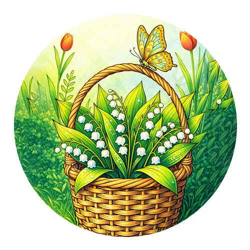 Цветной пример раскраски ландыши в корзинке и бабочка