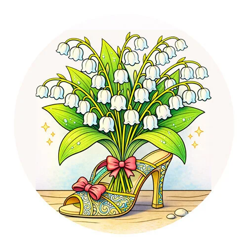 Цветной пример раскраски ландыши в туфельке