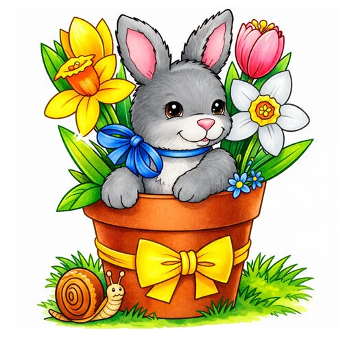 Цветной вариант раскраски весенний букет цветов и милый зайка