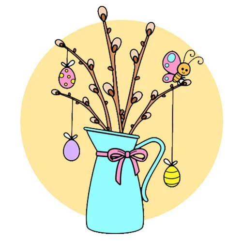 Цветной пример раскраски верба в кувшине