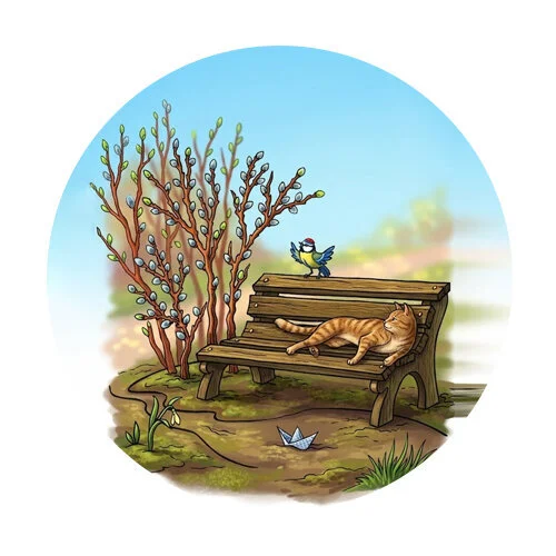 Цветной вариант раскраски дерево вербы в парке