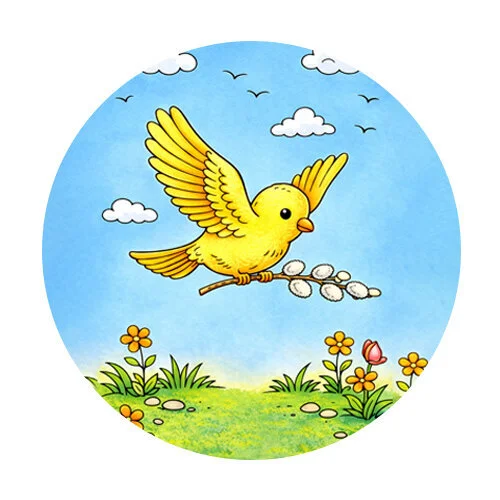 Цветной вариант раскраски птичка и веточка вербы