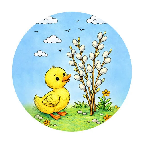 Цветной вариант раскраски утенок и верба