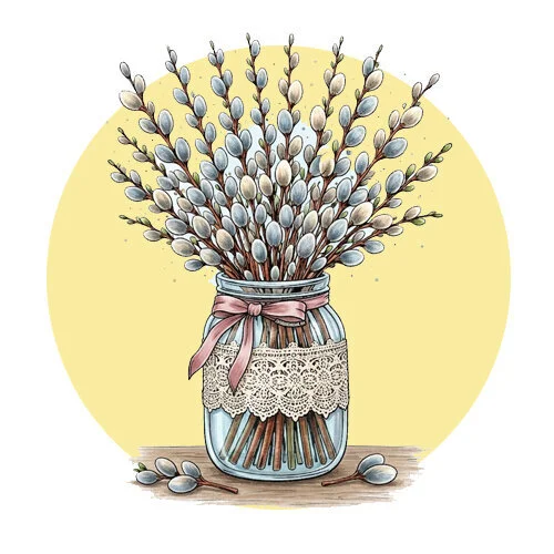 Цветной вариант раскраски верба в вазе