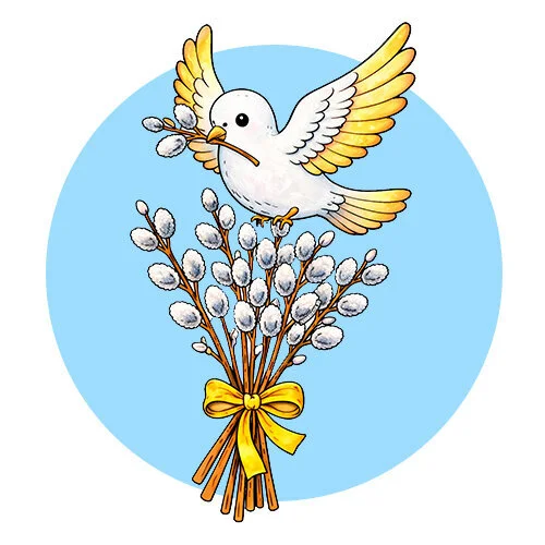 Цветной пример раскраски голубь мира и верба