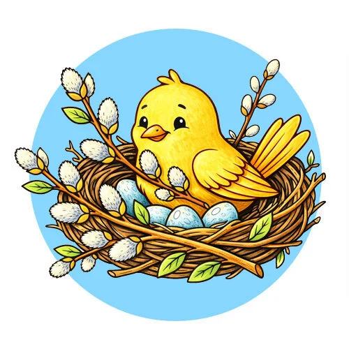 Цветной вариант раскраски птичка в гнезде с вербой