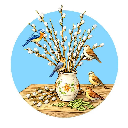 Цветной вариант раскраски птички и верба