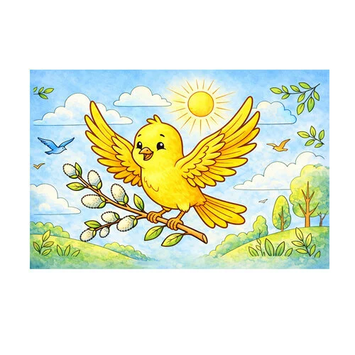 Цветной вариант раскраски птичка держит веточку вербы