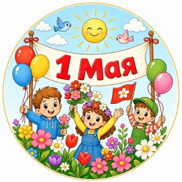 Цветной вариант раскраски 1 мая дети