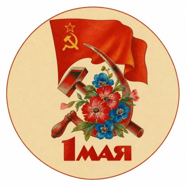 Цветной вариант раскраски 1 мая как советская открытка на праздник