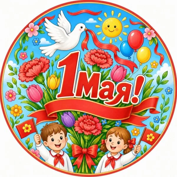 Цветной вариант раскраски 1 мая с детьми