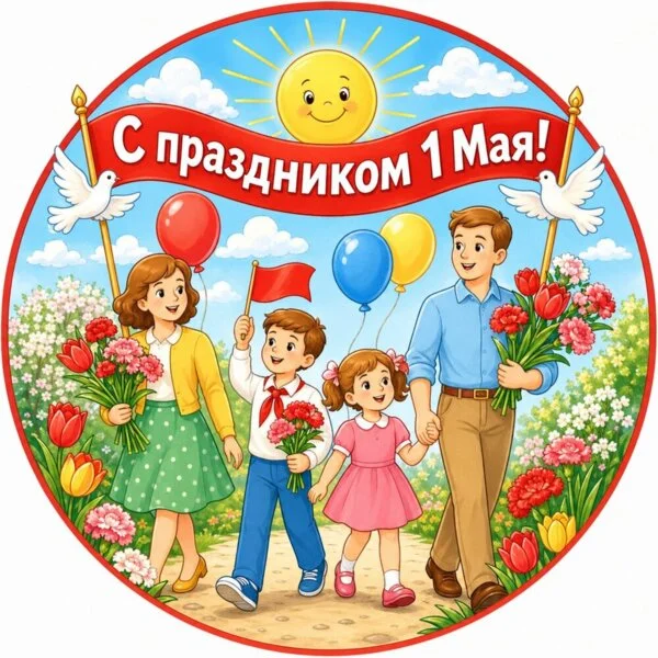 Цветной вариант раскраски 1 мая вся семья