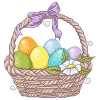 Цветной пример раскраски пасхальная корзинка с цветами и яйцами