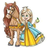 Цветной пример раскраски принцесса в платье и с конем