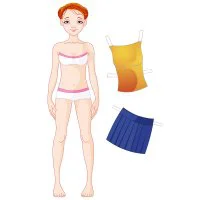 Цветной пример раскраски бумажная кукла для вырезания настя с одеждой: юбка и топик