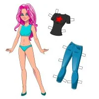 Цветной вариант раскраски бумажная кукла для вырезания миа с одеждой: футболка и джинсы