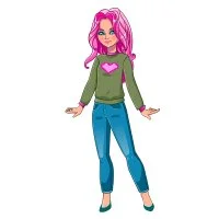 Цветной пример раскраски бумажная кукла для вырезания миа с теплой одеждой: свитер и джинсы