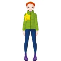 Цветной вариант раскраски бумажная кукла для вырезания настя в одежде: куртка и джинсы