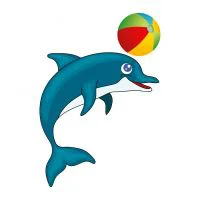 Цветной вариант раскраски дельфин играет с мячом