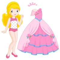 Цветной пример раскраски бумажная кукла для вырезания маруся в платье принцессы и корона