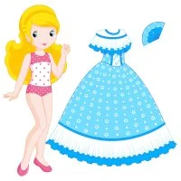 Цветной пример раскраски бумажная кукла для вырезания маруся в пышном платье и веером