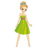 Цветной пример раскраски бумажная кукла для вырезания злата в одежде в летнем платье