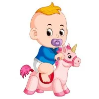 Цветной пример раскраски малыш с соской на лошадке
