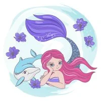 Цветной вариант раскраски русалка с длинными волосами и дельфином