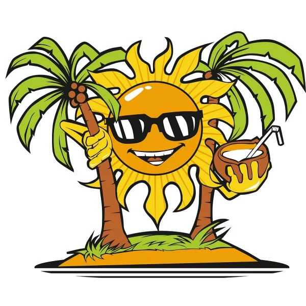 Цветной пример раскраски солнце, пальмы, кокос, остров, море