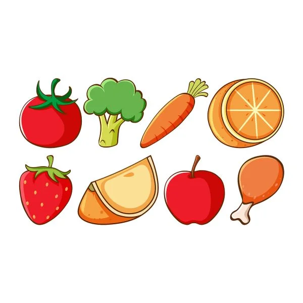 Цветной пример раскраски разный набор овощи, фрукты