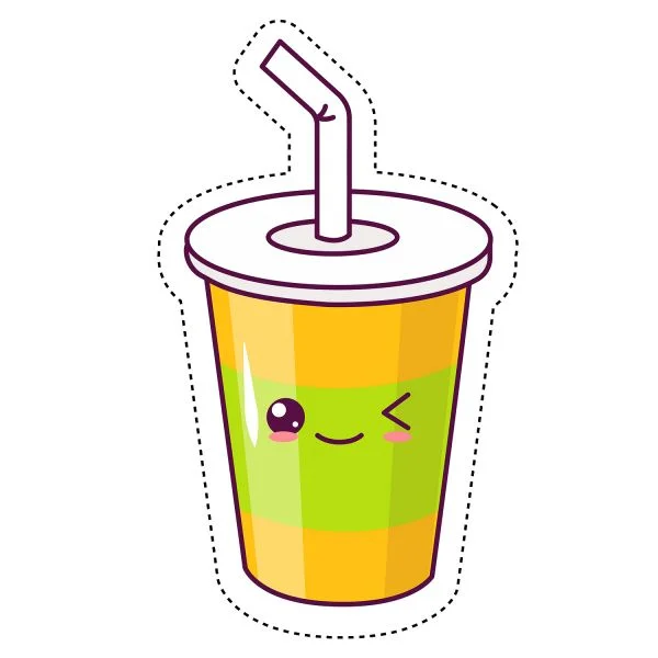 Цветной вариант раскраски напиток в стакане, сок, кола, чай, кофе. кавай с глазками